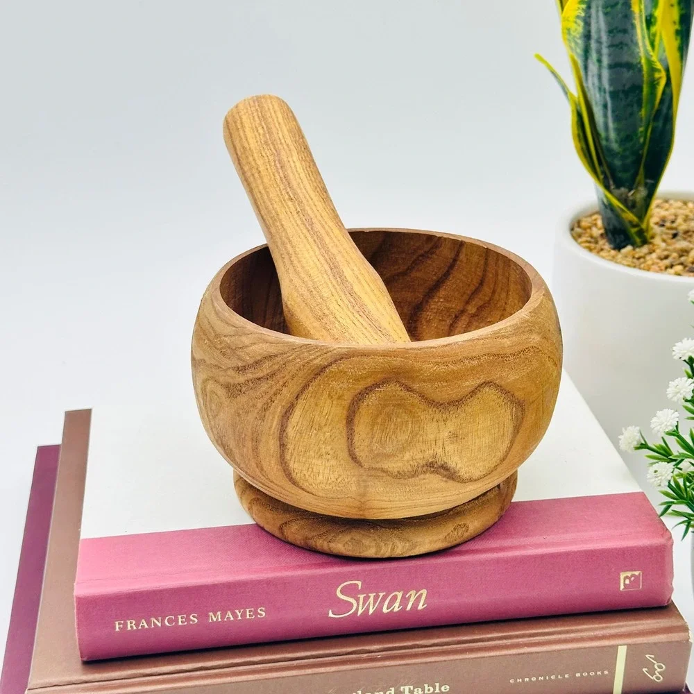 Vintage Wood Mortar and Pestle Set Rustic Farmhouse Decor Warm Brown Tone